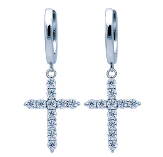 W011 - IG Style Shiny Cross Sterling Silver Moissanite Drop Earrings